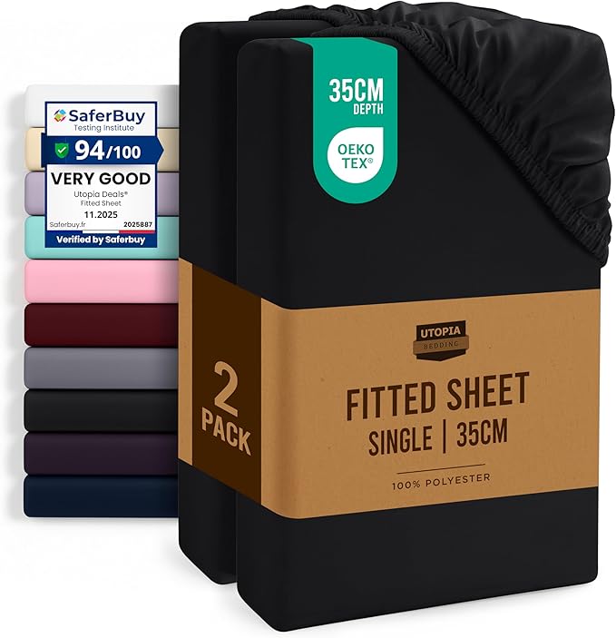 Utopia Bedding Fitted Sheet Single (2 Pack), Black - Deep Pocket 14 inch (35 cm) - Oeko Tex Certified - Easy Care - Soft Brushed Microfibre Fabric - Shrinkage and Fade Resistant - Bottom Sheet