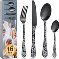 Cutlery Set, BEWOS 16 Pieces Satin Knife and Fork Set with Matt Black Floral Pattern, Stainless Steel Knife Fork Spoon Set, Silverware Set with Forks Knives and Spoons Set, Service for 4