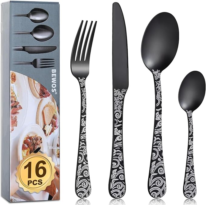 Cutlery Set, BEWOS 16 Pieces Satin Knife and Fork Set with Matt Black Floral Pattern, Stainless Steel Knife Fork Spoon Set, Silverware Set with Forks Knives and Spoons Set, Service for 4