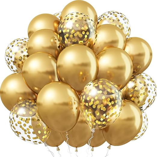 Gold Balloons - Pack of 50 Pcs 12 Inch 40 Metallic Gold & 10 Confetti Balloons for Baby Shower Decorations, Birthday Party, Wedding Celebrations, Funeral, Engagement, Retirement