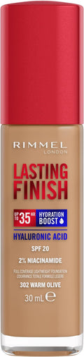 Rimmel Lasting Finish 35Hr Foundation 302 Warm Olive, Full Coverage, Hydrating, SPF20, Hyaluronic Acid, Vitamin E, 2% Niacinamide, All Day Wear, Vegan, Cruelty Free