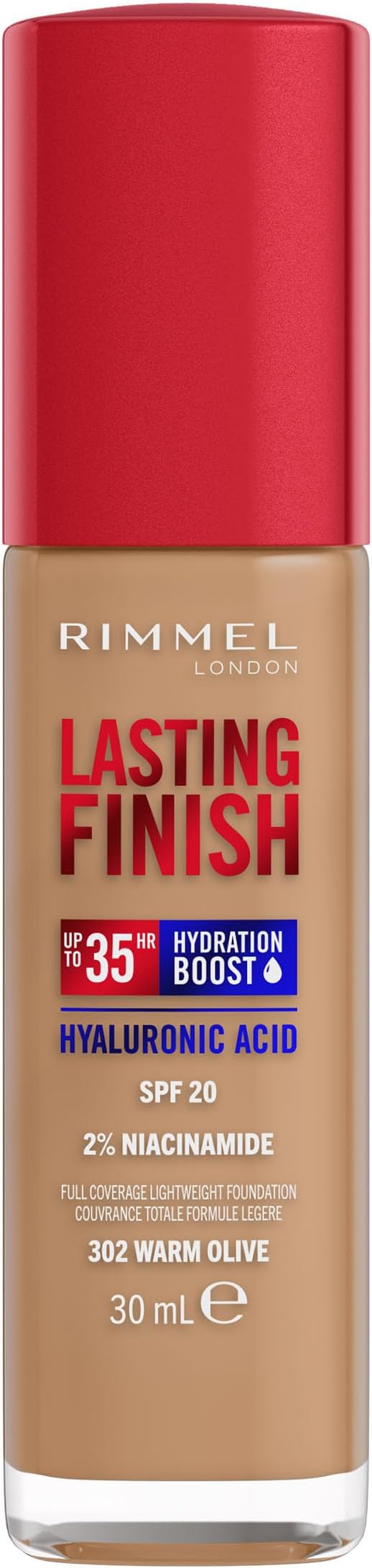 Rimmel Lasting Finish 35Hr Foundation 302 Warm Olive, Full Coverage, Hydrating, SPF20, Hyaluronic Acid, Vitamin E, 2% Niacinamide, All Day Wear, Vegan, Cruelty Free