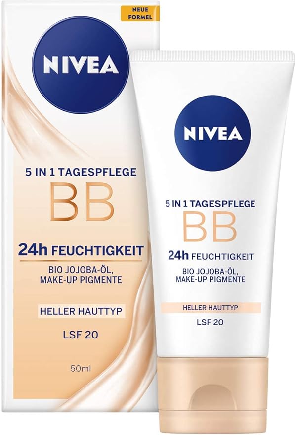 NIVEA BB 5 in 1 Day Cream 24h Moisture (50 ml), BB Cream for Light Skin Types with SPF 20, Tinted Day Cream with Organic Jojoba Oil & Makeup Pigments
