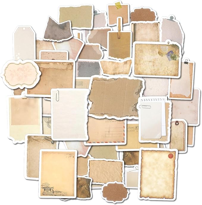 JIEYAO 80 Pcs Vintage Scrapbook Paper Stickers, Retro Label Sticker for Scrapbooking, Aged Writing Paper Stickers Aesthetic Junk Journal Supplies Aesthetic Stickers in Brown Tones for DIY Crafts(A)