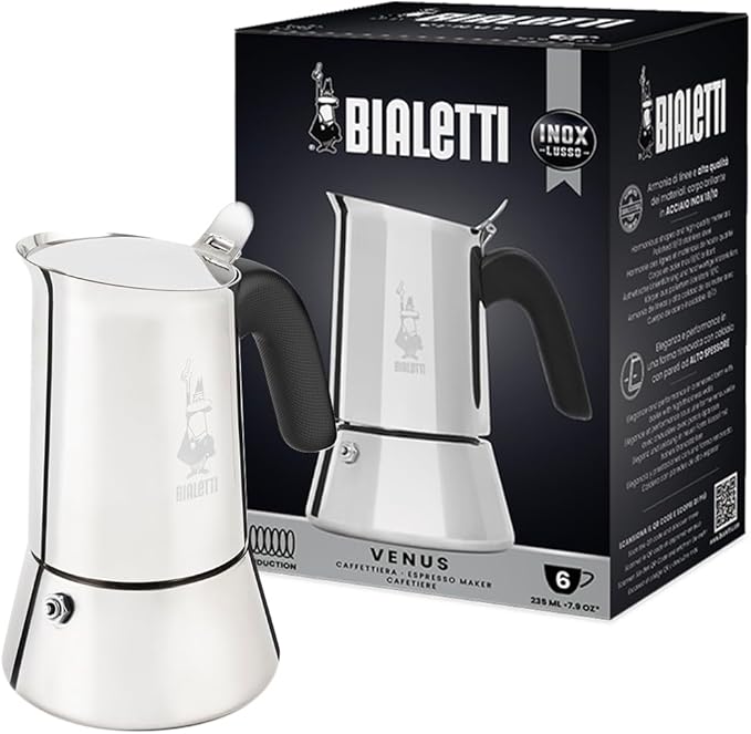 Bialetti - New Venus Induction, stainless steel hob espresso coffee maker, suitable for all heat sources, 6 cups, aluminum, silver[Energy Class A+]
