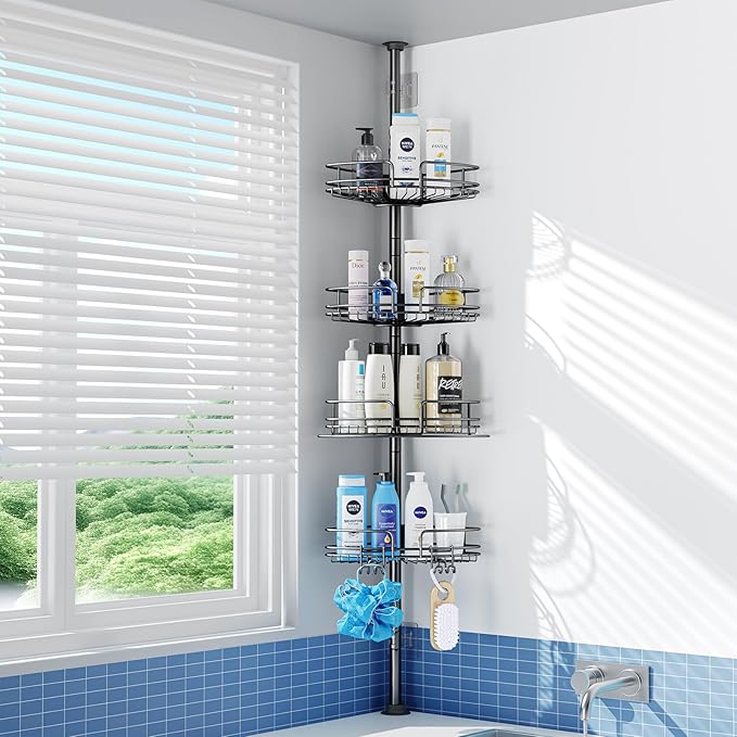 Shower Caddy Corner, shower shelf no drilling with Stickers Wall Mounted Adhesive Bathroom Caddy 4 Movable Hooks, SUS304 Stainless Steel bathroom shelf Shower Organizers 2 Pack