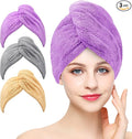 3 Pack Microfiber Hair Drying Towel Wrap Super Absorbent Twist Turban Fast Dry Hair Caps with Buttons Bath Loop Fasten Salon Dry Hair Hat (Gray Khaki Purple)
