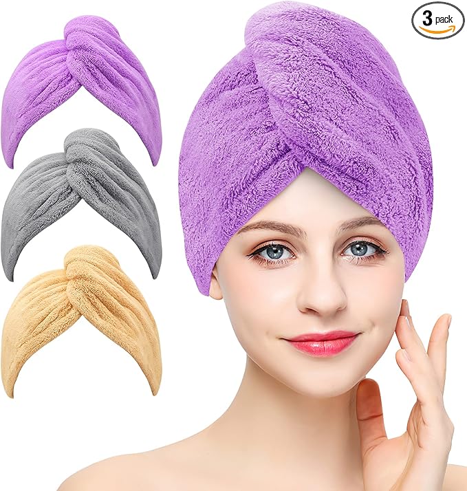 3 Pack Microfiber Hair Drying Towel Wrap Super Absorbent Twist Turban Fast Dry Hair Caps with Buttons Bath Loop Fasten Salon Dry Hair Hat (Gray Khaki Purple)
