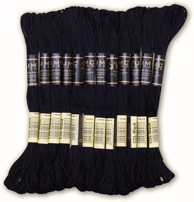 Pack of 12 Black Premium Embroidery Threads | 100% Egyptian Cotton Premium Skeins | Cross Stitch Embroidery Floss | Oeko TEX Certified Stranded Cotton | Ideal for Arts & Crafts (Black-12)