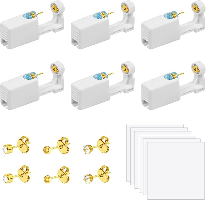 Ear Piercing Gun 6 Pieces, Painless Self Ear Piercing Kit, Aseptic Disposable Ear Piercing Kit Ear Piercing Gun with 6 Ear Studs, for Girls, Women and Men