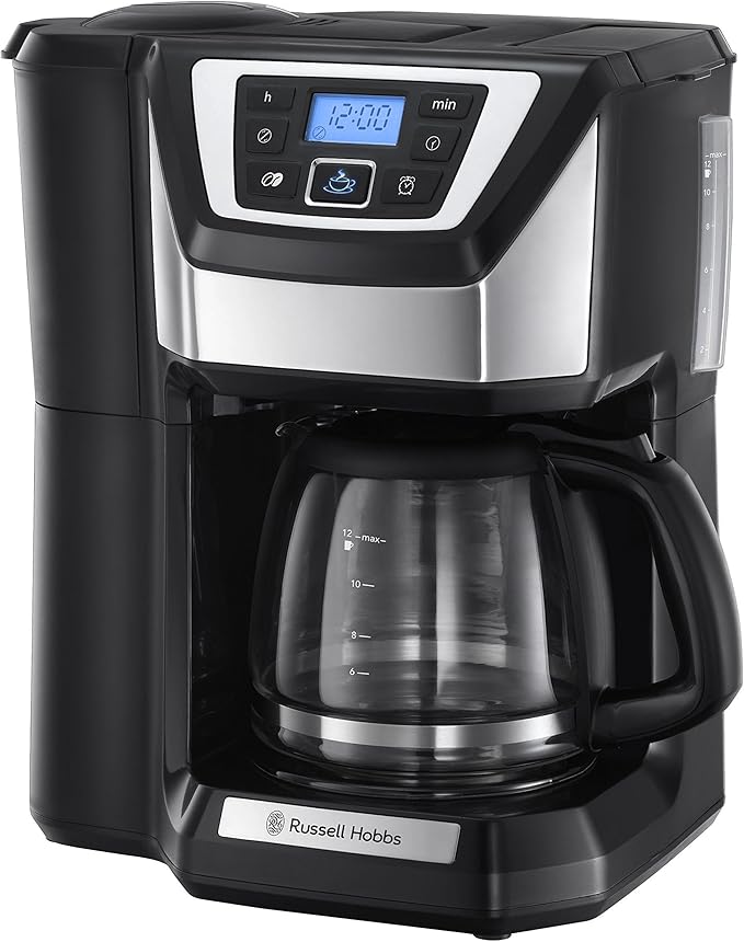 Russell Hobbs Chester Grind & Brew Filter Coffee Machine, Bean to cup, Quiet brew technology, 1.5L Carafe/12 cups, 4-12 Cup brewing option, 24hr timer, 40min keep warm, Washable filter, 1025W, 22000