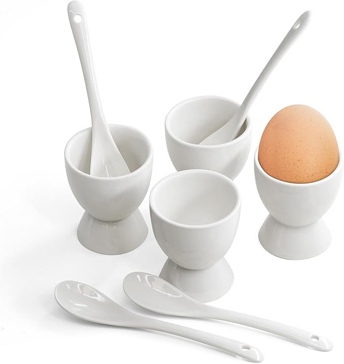 8 Piece Breakfast Set 4 x Egg Cup Holders & 4 x Spoons White Porcelain Ceramic