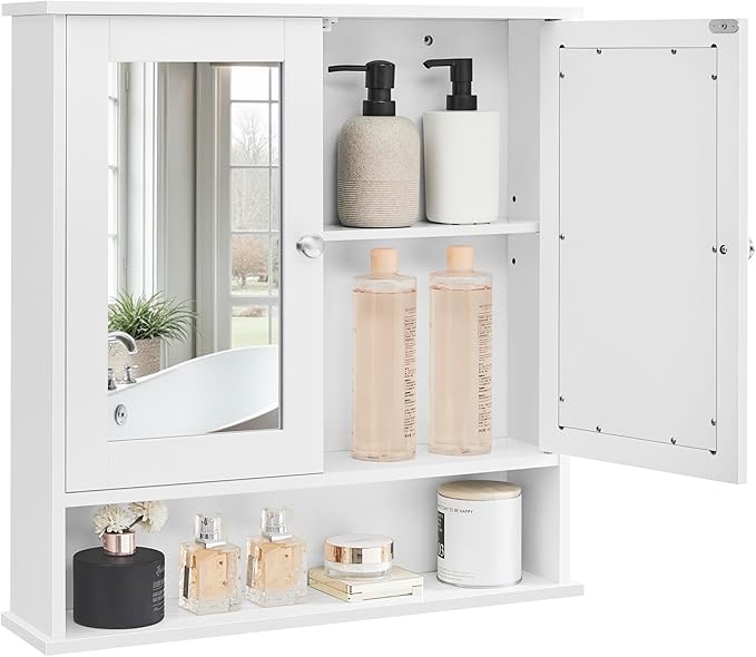 VASAGLE Bathroom Cabinet with Mirror, Wall Cabinet with 2 Mirrored Doors and Open Compartment, Adjustable Shelf, Wall-Mounted, 13 x 56.5 x 58.5 cm, White LHC002