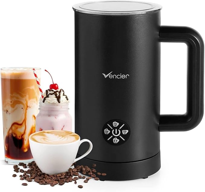 Vencier Electric Milk Frother and Warmer, Automatic Foam Maker for Lattes, Cappuccinos and Hot Chocolate, Hot and Cold Froth plus Heat Only, One-Touch Control, Quiet Operation, Non-Stick Coated Jug, A