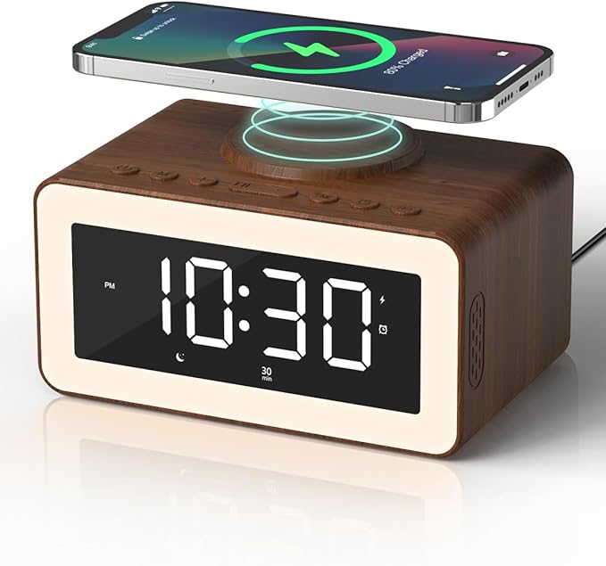 5 in 1 Alarm Clocks Bedside with Wireless Charger, White Noise Machine, Colourful Night Light, Bluetooth Speaker, Digital Clock, Dimmable LED Display, Birthday Gifts for Men Women Gifts for Dad Mum