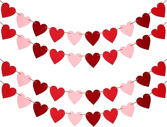 Valentines Day Decoration Banner, Heart Bunting Red Pink Heart Garland Hanging Decoration, NO DIY Valentine's Day Heart Felt for Valentines Day Decoration, Anniversary, Wedding Party