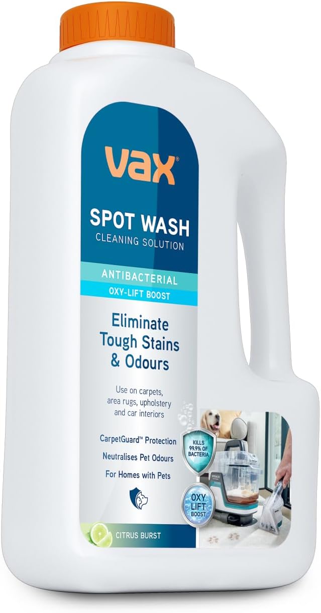 Vax SpotWash Antibacterial 1L Spot Cleaning Solution, Upholstery Carpet Stain Remover Shampoo, Citrus Burst Scent, Removes 99% of Bacteria, Breaks Down and Lifts Tough Stains, ‎1-9-143107, White