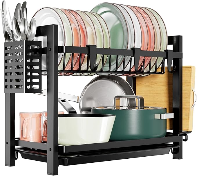 Dish Drainer Black (43.5 x 24.5 x 34.5), 2-Tier Stainless Steel, Dish Drainer with Utensil Holder and Drip Tray