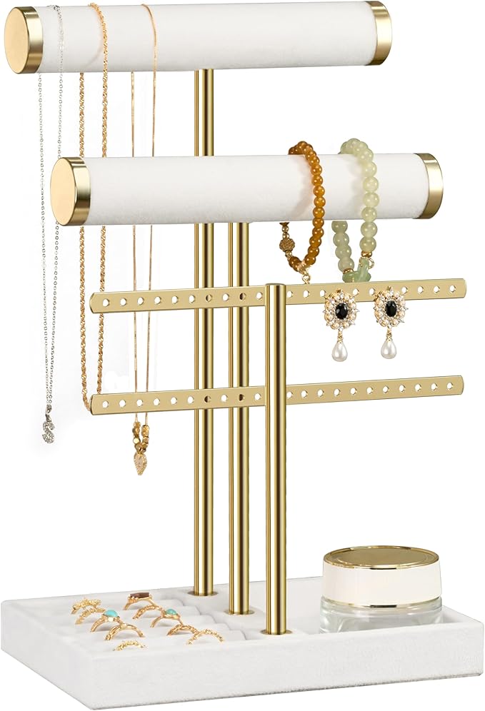 3 Tier Bracelet Holder Display - Detachable T Bar White Velvet Bracelet Holder, Jewelry Holder Organizer for Bracelet, Necklace, Watches, Rings