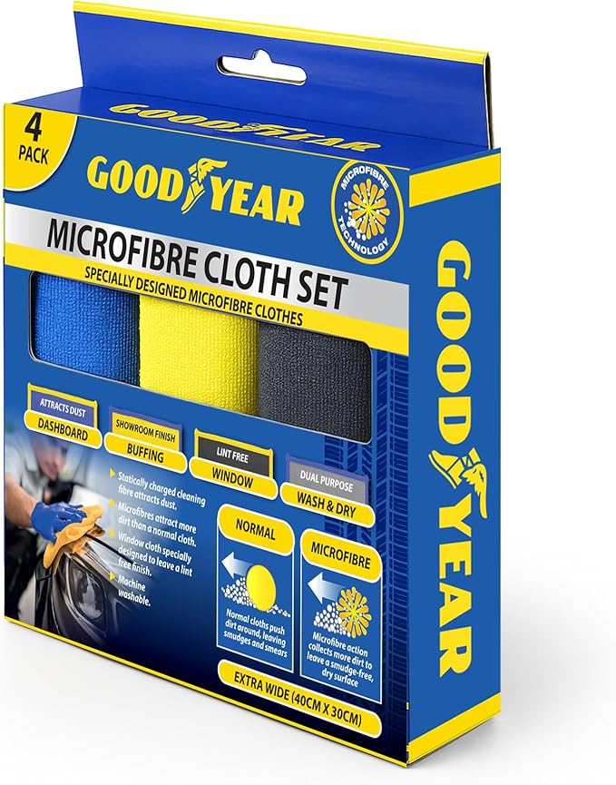 Goodyear 4PC Microfibre Cloth Set- microfibre cloths for cleaning your vehicle | Cleaning fibres attract dust | Showroom finish | Machine washable | Dashboard, Buffing, Window cloth | Wash and drying