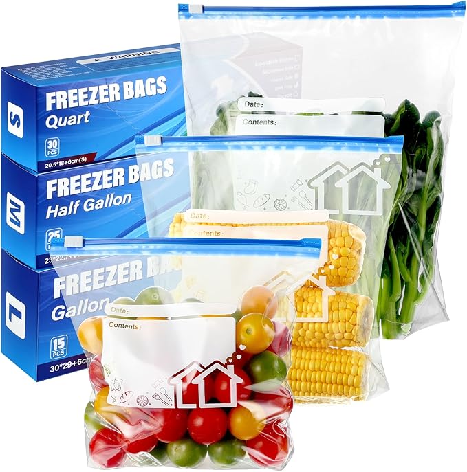 70 Pcs Zip Lock Bags, 3 Sizes Freezer Bags (4.55L, 2.27L, 1L), Reusable Heavy Duty Food Bag with Expandable Bottom, Ziplock Sandwich Bag for Fruits, Veggies, Meat, Snacks