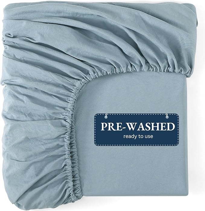 Fitted Sheet Double, French Blue - Pre-Washed, Deep Pocket 14 inch (35 cm) - Easy Care - Soft Brushed Microfibre Fabric - Shrinkage and Fade Resistant - Bottom Sheet