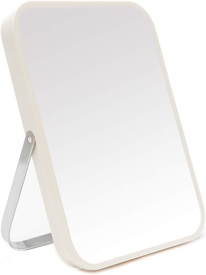 YEAKE Table Desk Vanity Makeup Mirror,8-Inch Portable Folding Mirror with Metal Stand 90°Adjustable Rotation Tavel Make Up Mirror Hanging Bathroom for Shower Shaving(White)