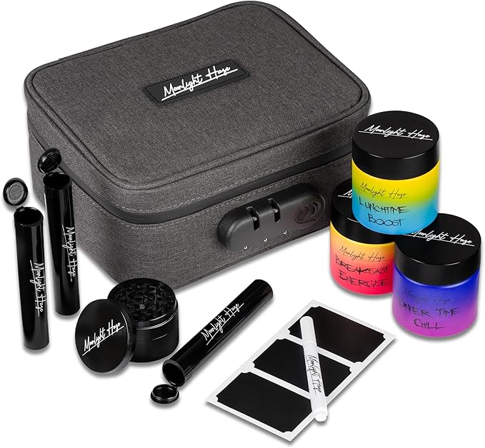 Moonlight Haze Smell Proof Bag with Accessories – Smell Proof Box Stash Box Gift Set, 3 Smell Proof Containers, Metal Grinder, Integrated Rolling Tray, 3 Doob Tubes, Stash Jars, Gifts for Men & Women