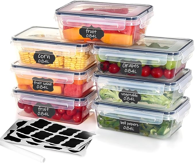 7 x 840ml Airtight Food Containers BPA Free Portable Plastic Fridge Dishwasher Safe Storage Containers Ideal for Storing and Transporting Food, Fruit, Salads and Soups