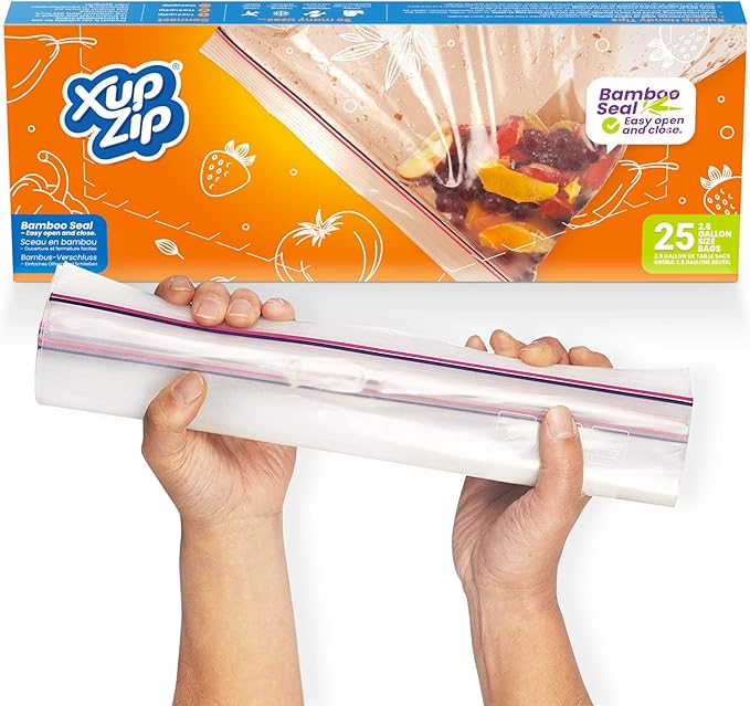 XupZip Large Freezer Bags with Airtight & Leakproof Bamboo Seal – 11.37L Reusable Food Bag with Expandable Bottom – 2.5 UK Gallon Multi-purpose Heavy-Duty Zip-Lock Bags, 20 Pcs