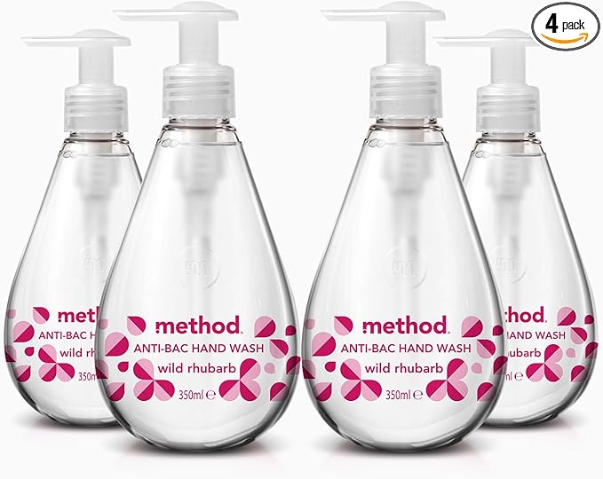 Method Antibacterial Hand Wash, Hand Soap, Gentle Hand Cleansing, Fresh Wild Rhubarb Scent, Pack of 4, 4 x 350 ml