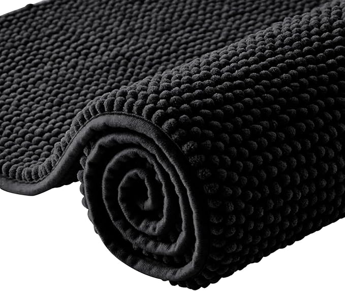 Moonlight Bedding Bath Mat Non Slip Anti Mould - Chenille Shower Mat Black 40 x 60 cm Super Absorbent Bathroom Mat Machine Washable Extra Soft Fluffy Bathmat