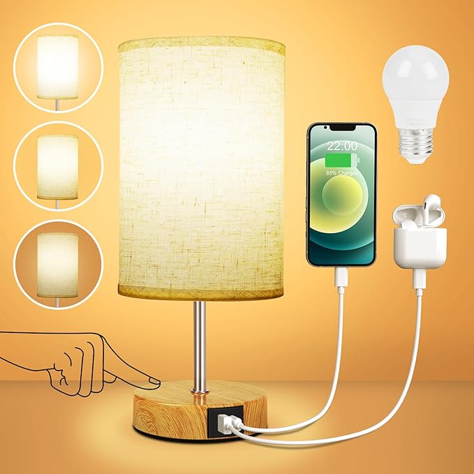 Suright Touch Control Bedside Lamps, 3-Way Dimmable Table Lamp with USB A+C Charging Ports, Touch Lamps Bedside with Linen Fabric Shade, Small Table Lamp for Bedroom Living Room (LED Bulb Included)[Energy Class G]