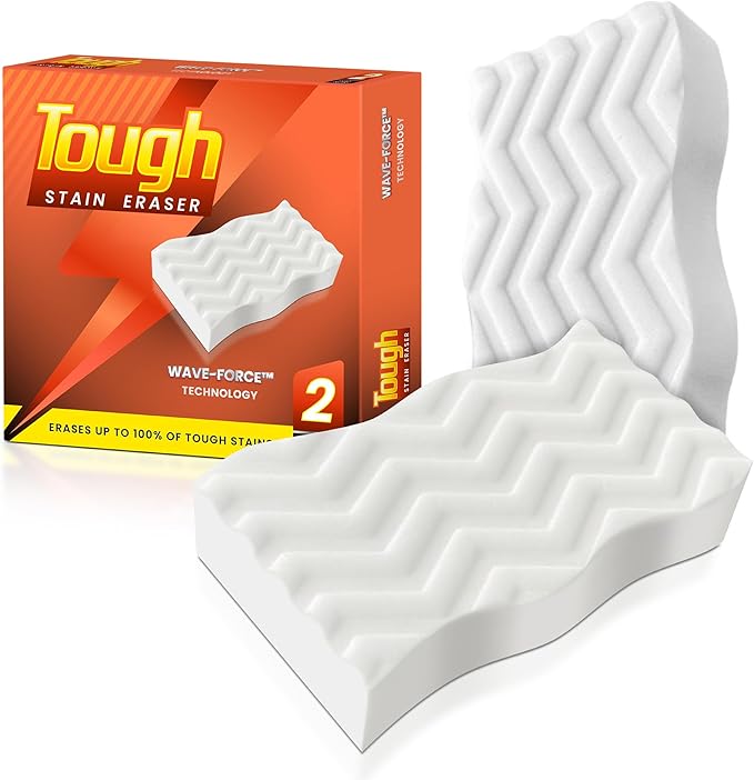 Tough Stain Eraser Sponges – 2 Pack Magic Cleaning Pads with Wave-Force™ Technology – Extra Durable, Reusable Melamine Foam for Walls, Tiles, Kitchen, Bathroom & Shoes – Chemical-Free Cleaner