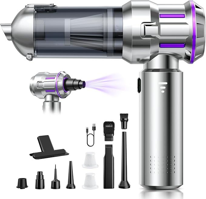 Handheld Vacuum Cleaner, 22000Pa 4-in-1 Car Vacuum Cleaner Cordless, 3 Speed Brushless Motor Mini Hoover with One-Touch Cleaning, Rechargeable Portable Air Duster for Home Car Office Pet Hair, Silver