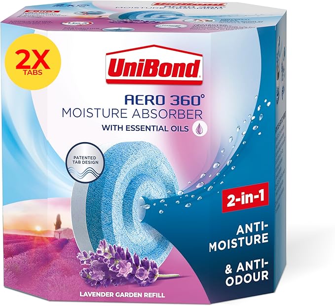 UniBond AERO 360° Moisture Absorber Lavender Garden Refill Tab, aromatherapy, ultra-absorbent and odour-neutralising, for AERO 360° Dehumidifier, Condensation Absorbers, Twin Pack (2 x 450g)