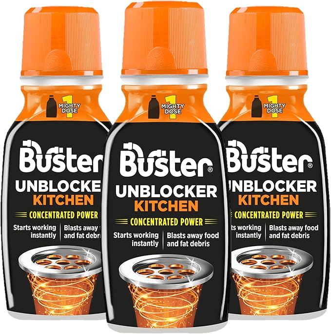 Buster Kitchen Plughole Unblocker (Pack of 3 x 150g) Fast-Acting Sink Unblocker Dissolves Fat, Food & Debris, Drain Cleaner Clears Blockages in Kitchen Sink Pipes - Made in UK