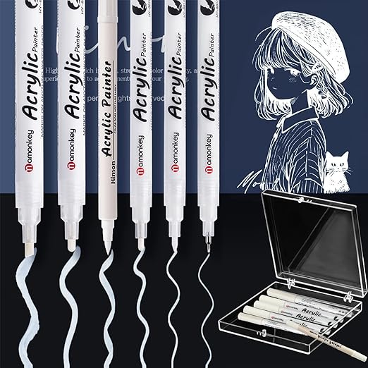 White Gel Pen, 6PCS White Pen Set, 0.5mm/0.7/1.2/2.0/4.0/BR soft tip, Acrylic Gel Pens for Art, Highlight Permanent Ink, for Black Paper, Sketching, Scrapbook, Journaling, Marking, and Altering