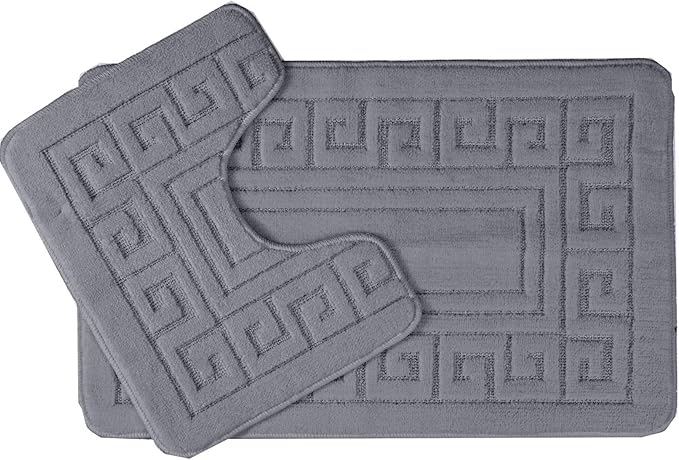 EDS Luxury 2 Piece Greek Bath Mat Set Non Slip Ultra Soft Bathroom Mats Water Absorbent Bath Mats Machine Washable Rug Toilet Mat for Bathroom Floor (Charcoal)