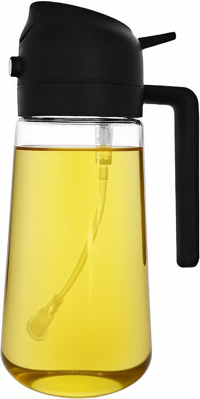 Oil Spray Bottle for Cooking, 500ML 2 in 1 Olive Oil Dispenser Sprayer for Kitchen Premium Clear Glass Bottle for Cooking, Air Fryer, BBQ, Salad, Black