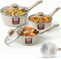 Rainberg Saucepan with Lid, Nonstick Milk Pan Suitable with Induction, Gas and Electric Hobs, Cooking Pot with Pour Spout. (Beige, 3PK 16-18 & 20cm)