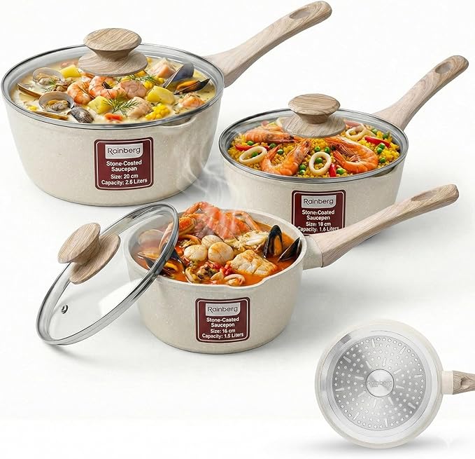 Rainberg Saucepan with Lid, Nonstick Milk Pan Suitable with Induction, Gas and Electric Hobs, Cooking Pot with Pour Spout. (Beige, 3PK 16-18 & 20cm)