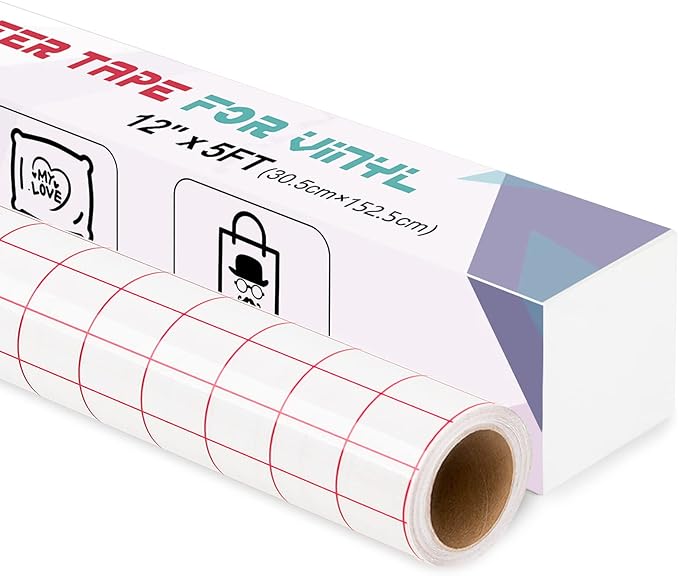 IModeur Transfer Tape for Vinyl, 12" x 5Ft (30.5 x 152.5cm) Clear Vinyl Transfer Paper Tape Roll with Red Grid for Permanent Vinyl and Self Adhesive Vinyl for Signs Stickers, Car Decals