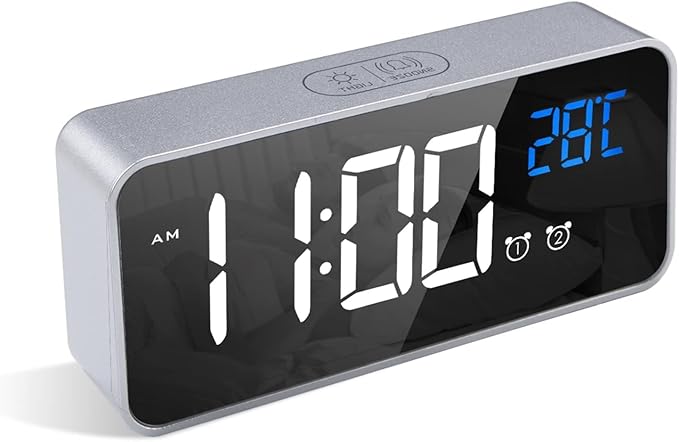 LATEC Digital Bedside Clock with Big LED Temperature Display - Alarm with 10 Sounds, USB Charging, 4 Levels Brightness Dimmer, Snooze, Portable Mirror, Dual Alarm - Silver