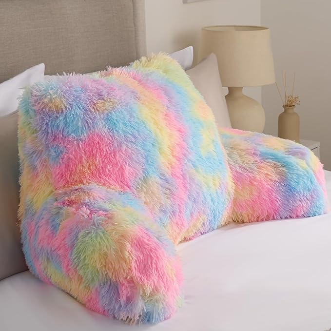 OHS Cuddle Cushion Fluffy, Valentines Gifts for Her Comfy Reading Pillows Super Soft Relaxing Long Hair Fleece Gaming Cushion with Arms Backrest Pillow Relaxing Comfy, Tie-Dye 60 x 45 x 40cm