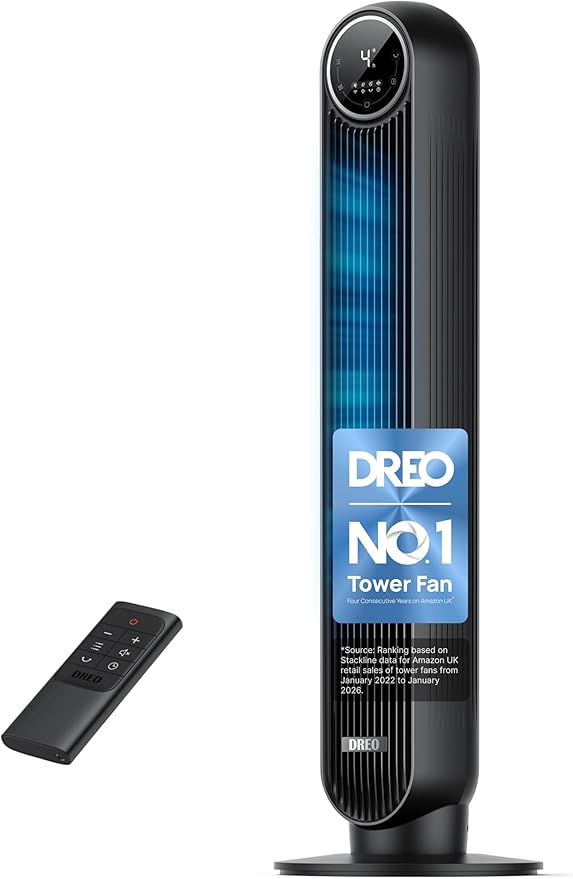 Dreo 28dB Silent Tower Fan, 25 ft/s Velocity Electric Cooling Fan with Remote, 90° Oscillating 4 Speeds 4 Modes 8H Timer LED Display, Quiet Standing Bladeless Floor Fans for Bedroom, Nomad One, Black