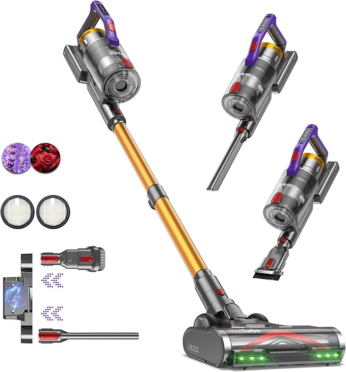KIPMAX Cordless Vacuum Cleaner, 50KPa/70Mins/550W Stick Vacuum with Aromatherapy, Anti-Tangled handheld Vacuum Cleaner Self-Standing, Rechargeable Battery, LED Display for Pet Hair/Carpet/Floor