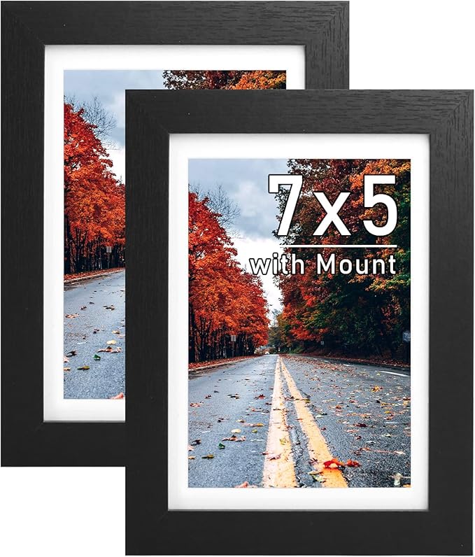 7x5 Picture Frames, Pack of 2 Black 7x5 Photo Frames, 5x7 Frame with mount, Wall Mounted and Freestanding