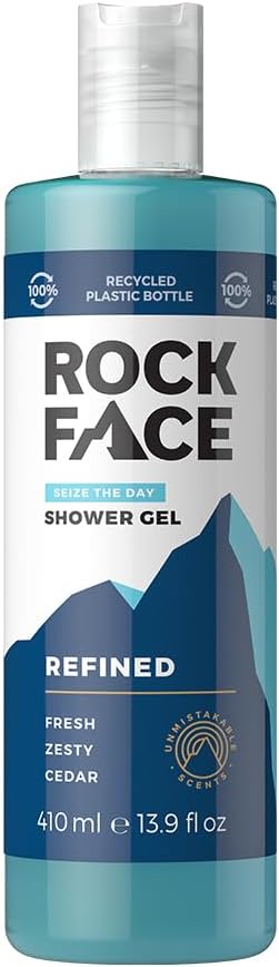 Rock Face Shower Gel - Refined All In One Body Wash for Men, 410ml, Sandalwood & Cedar Scent, Suitable for Hair and Body, Long Lasting Fragrance