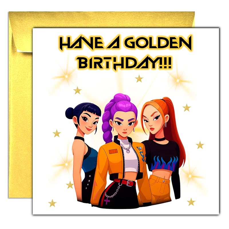Printperfect - K POP Birthday Card For Girls- "Have A Golden Birthday" K-POP Greetings Card For Girls - Birthday Cards for Friend Daughter Sister Bestie Niece Grandaughter (Gold Envelope)
